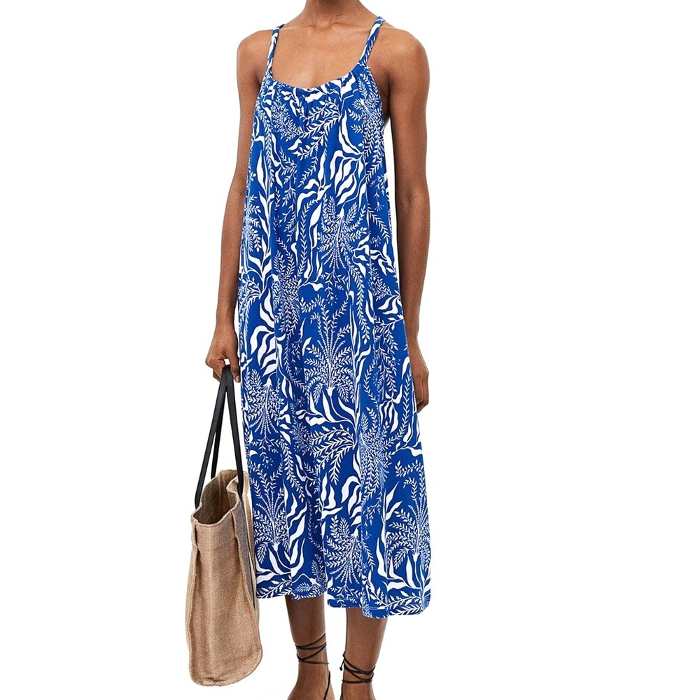 H&M Blue FLORAL PRINT Jersey Knit SLEEVELESS Low-Back OVERSIZED A-Line Dress XL